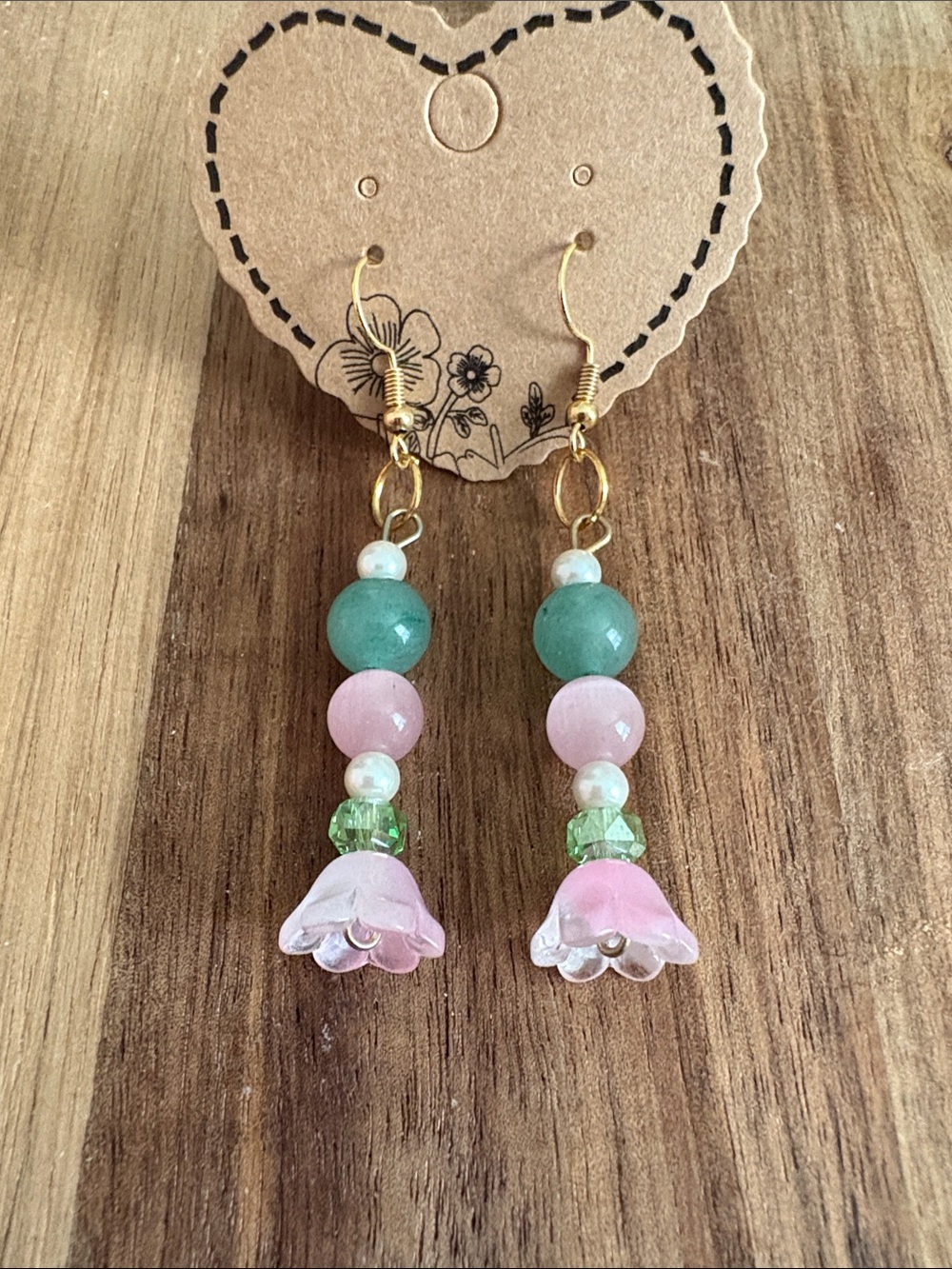 Handmade Pink & Green Floral Drop Earrings- green aventurine and glass